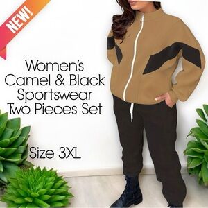 NWT 2 Piece Caramel Brown & Black Contrast Stripe Fleece Zipper With Sweatpants